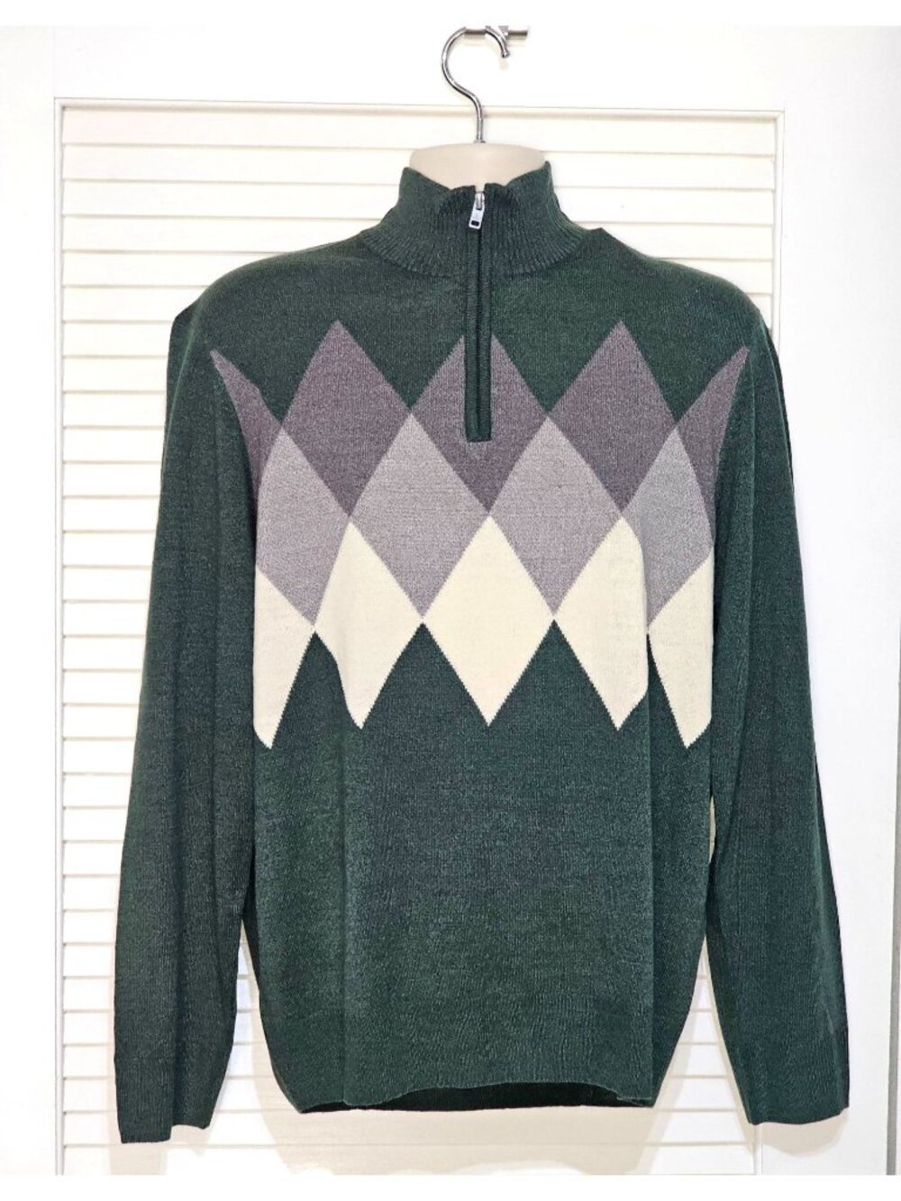 NWT Dockers Men's Argyle Green Gray White Cotton Quarter-Zip Sweater Sz L 2263
